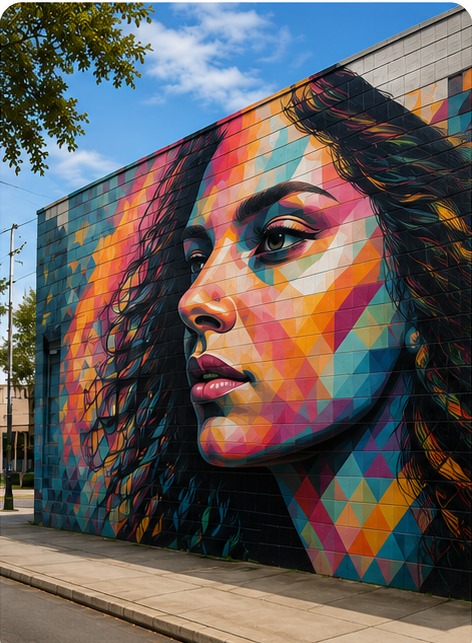 Colorful large-scale mural on a city building